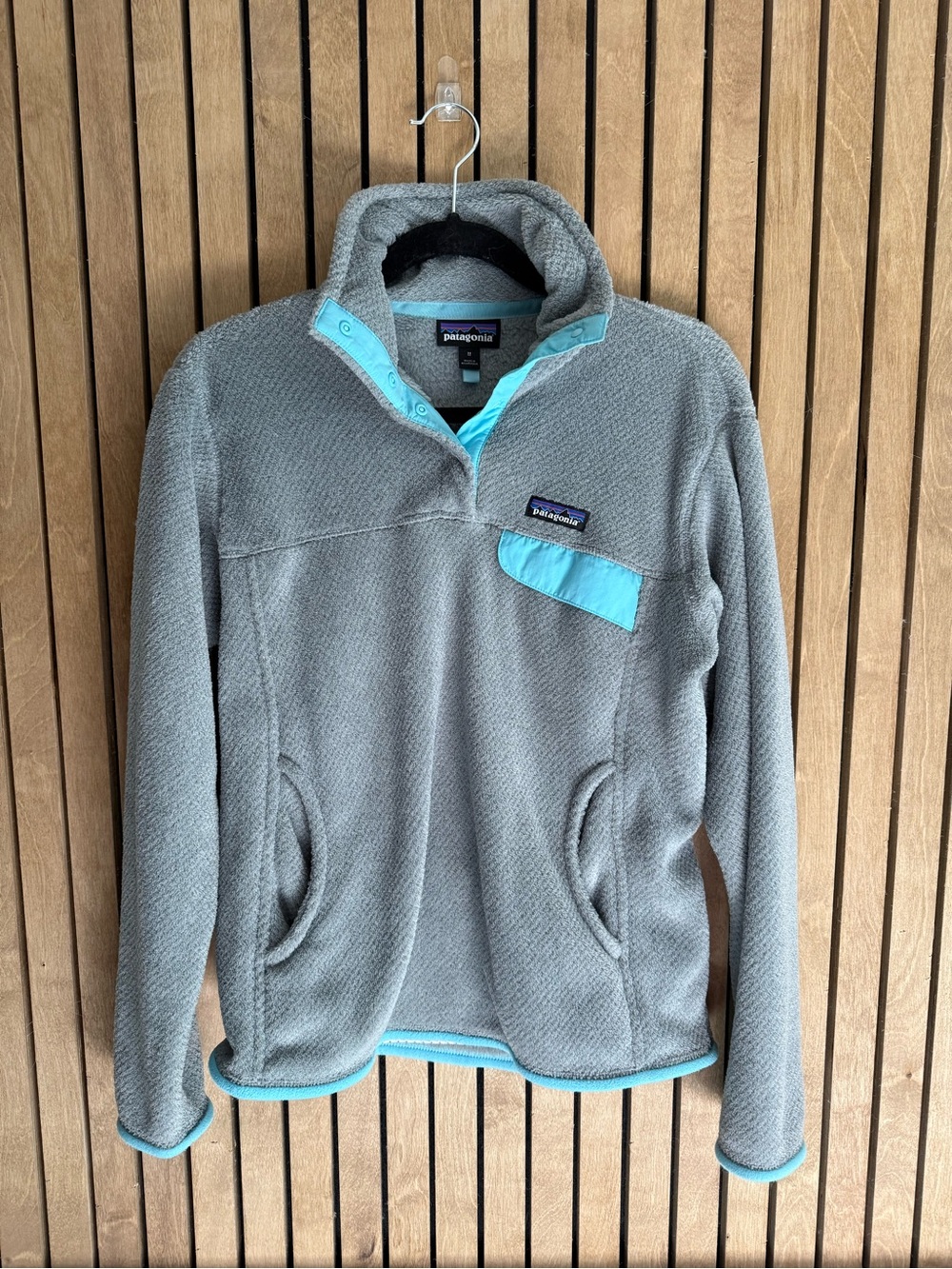 Patagonia Light Gray Fleece Jacket with Turquoise Trim